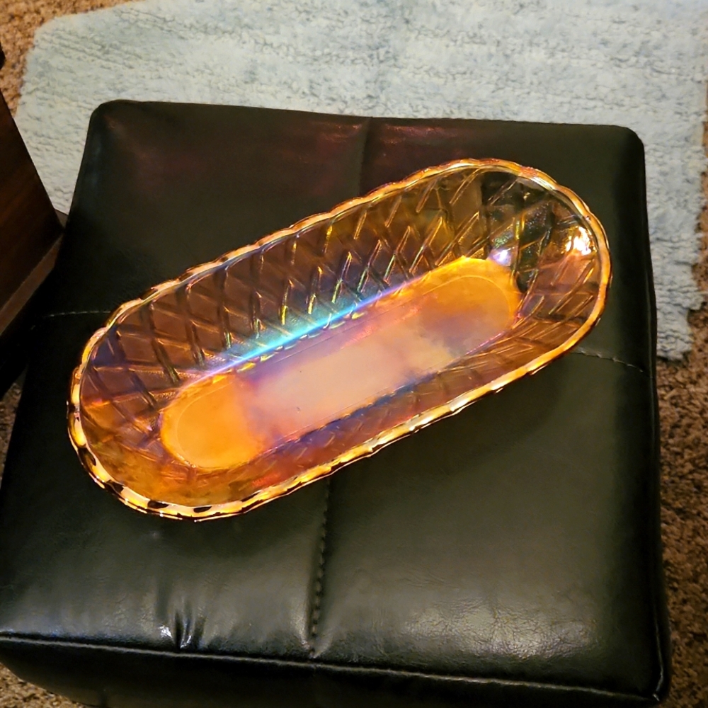 COPY - Vintage Marigold Carnival Glass Basketweave Bread Basket